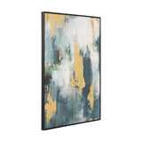 Abstract canvas wall art in a black frame, featuring gold streaks over blue, teal, and white tones, shown at an angle against a plain white background.