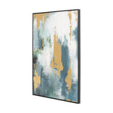 Gold & Blue Tone Abstract Canvas wall art in a black frame, 90 x 120cm, shown at an angle against a plain white background.