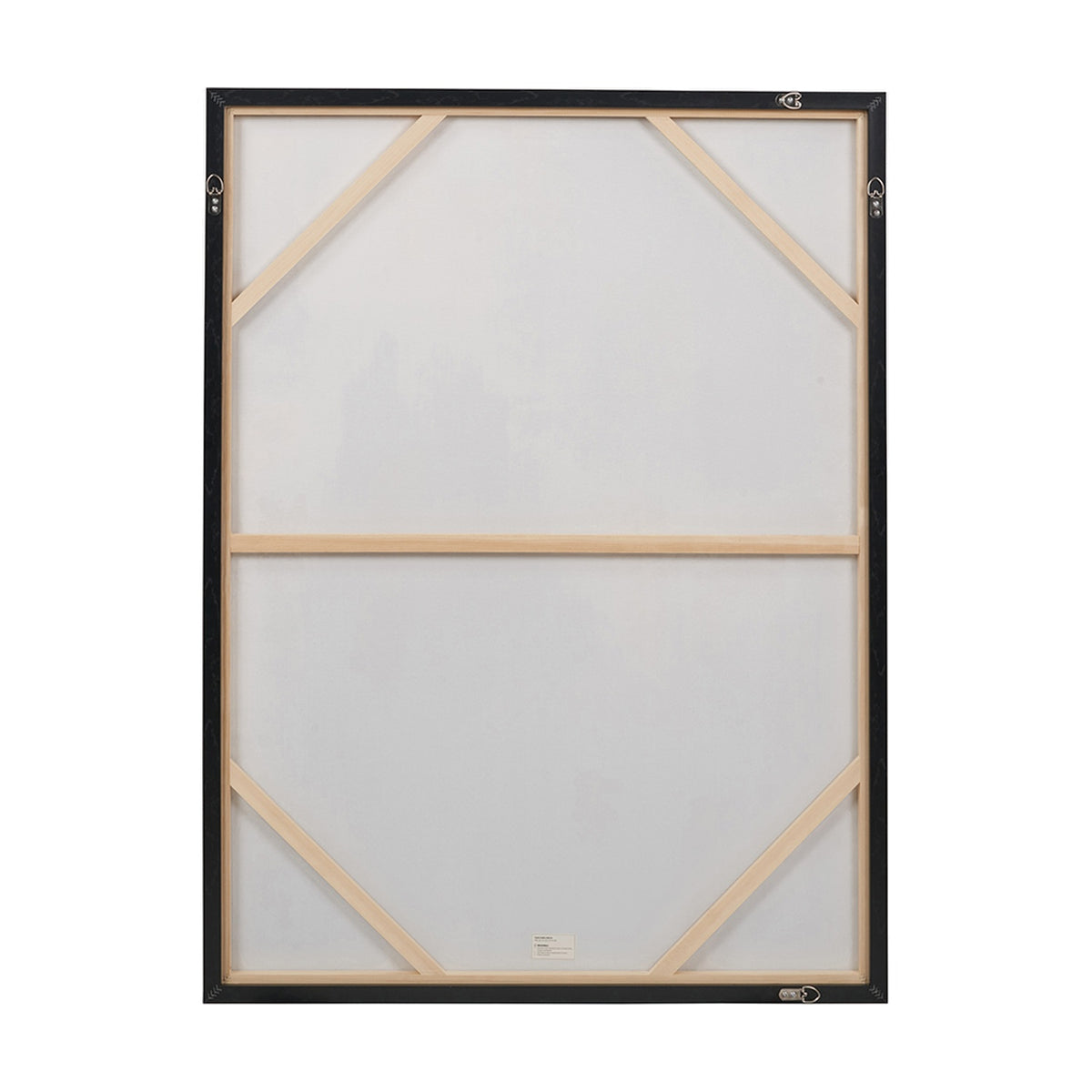 Reverse view of the Gold & Blue Tone Abstract Canvas, 90 x 120cm, showing wooden stretcher bars, black frame edge, and hanging hardware on a plain background.