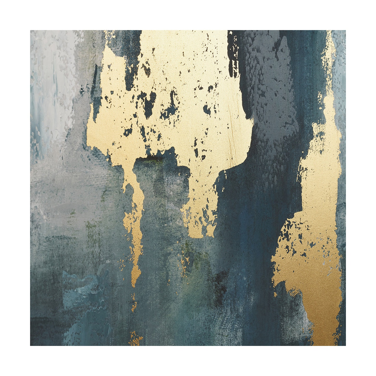 Abstract canvas wall art, 90 x 120cm, with textured gold-leaf panels against blue-grey brushstrokes, unframed edges shown on a plain white background.