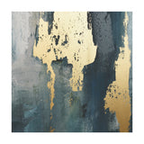 Abstract canvas wall art, 90 x 120cm, with textured gold-leaf panels against blue-grey brushstrokes, unframed edges shown on a plain white background.