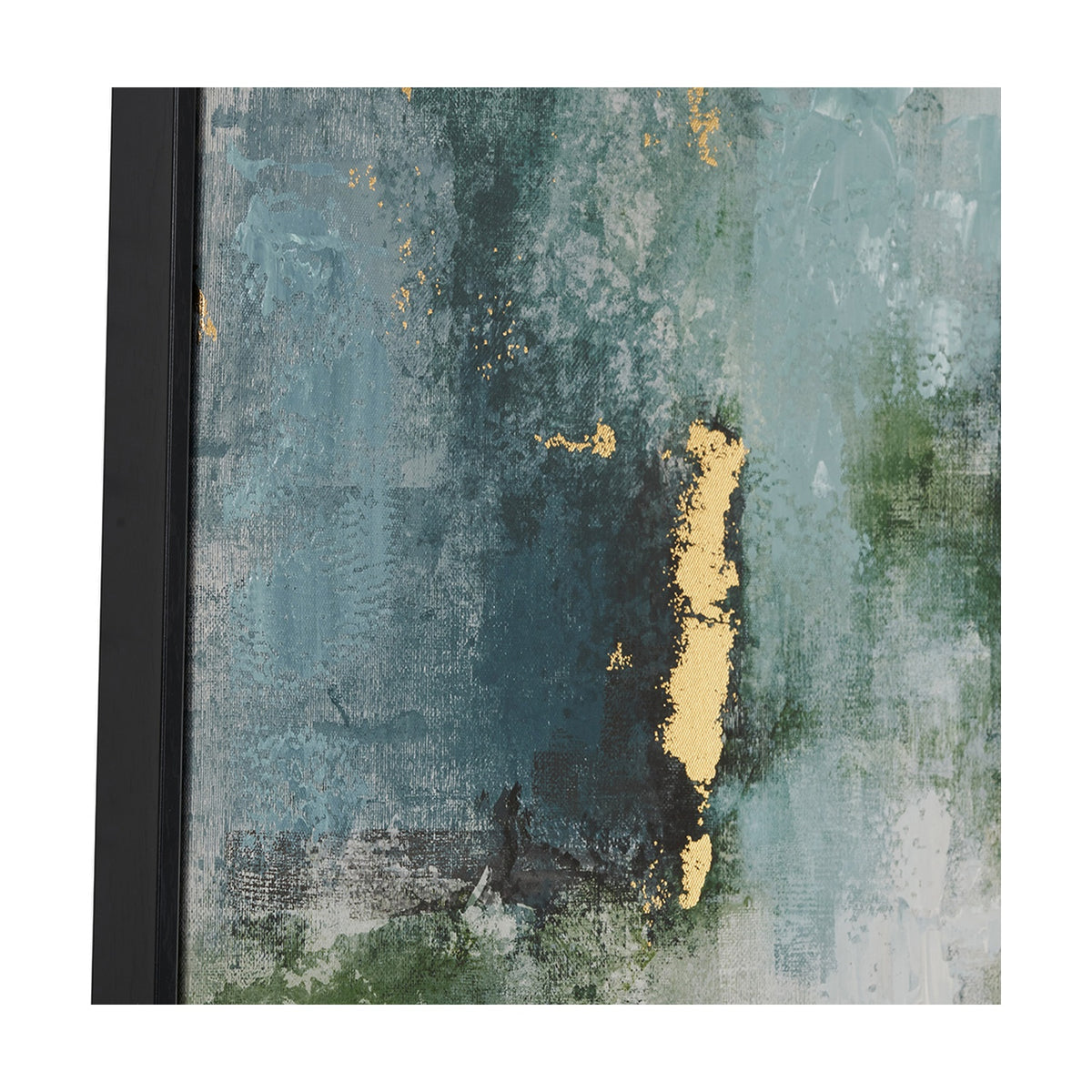 Close-up of a gold and blue tone abstract canvas wall art in a black frame, showing textured brushstrokes with metallic gold accents against blue-green tones.