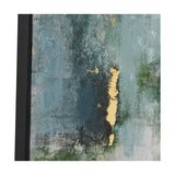 Close-up of a gold and blue tone abstract canvas wall art in a black frame, showing textured brushstrokes with metallic gold accents against blue-green tones.