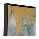 Corner detail of a gold and blue tone abstract canvas wall art in a black frame, showing textured gold and grey-blue brushwork against a plain white background.