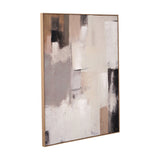 Framed abstract canvas wall art, 90 x 120cm, in natural and grey tones with beige, black, and brown blocked sections, shown at an angle against a white background.