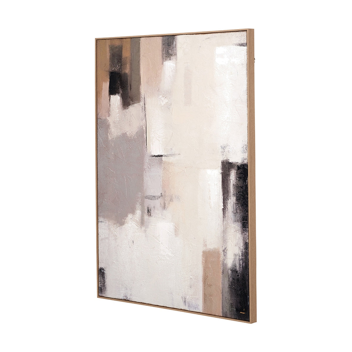 Natural & Grey Textured Abstract Canvas with Frame (90 x 120cm) shown at an angle, wooden frame, abstract blocks of cream, taupe, grey and black, plain white background.