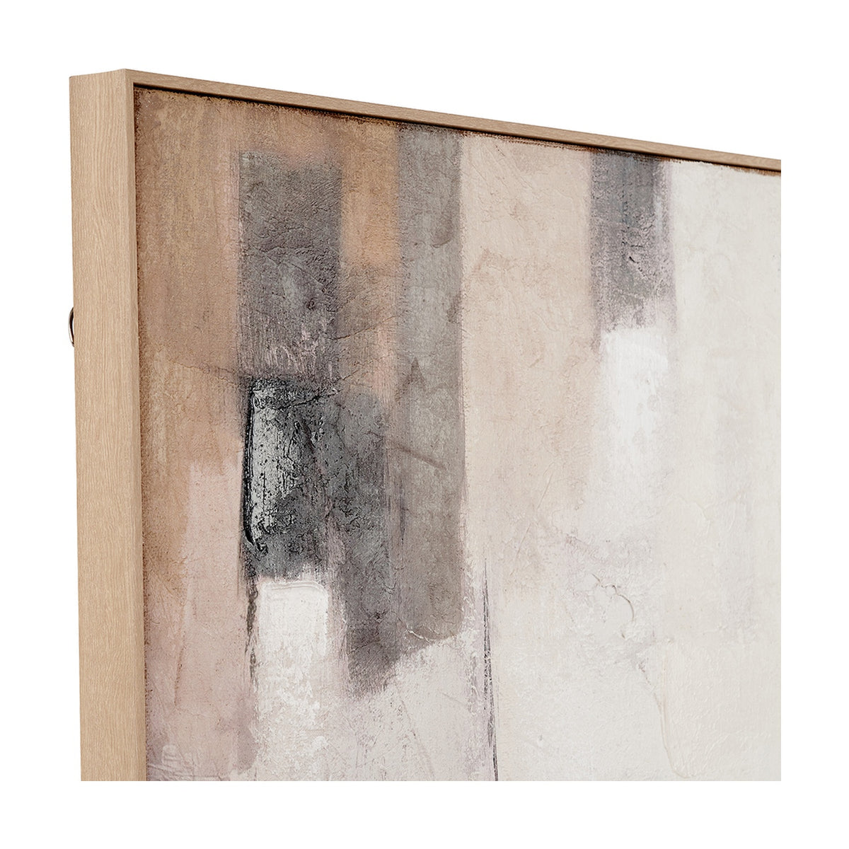 Angled close-up of a natural wood-framed canvas wall art, 90 x 120cm, showing textured abstract blocks in beige, grey, and white tones against a plain background.
