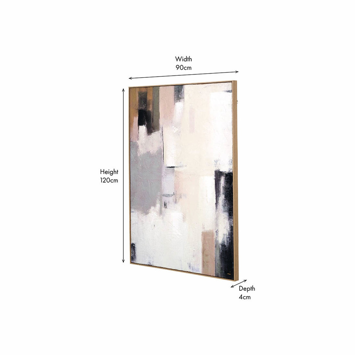 Natural & Grey Textured Abstract Canvas with wood frame, 90 x 120cm, shown at an angle with width, height and depth measurements on a white background.