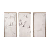 Set of 3 framed canvas wall art panels featuring flying birds in grey tones on a natural white background, each with a light wood frame.