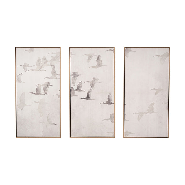Set of 3 framed canvas wall art panels featuring flying birds in grey tones on a natural white background, each with a light wood frame.