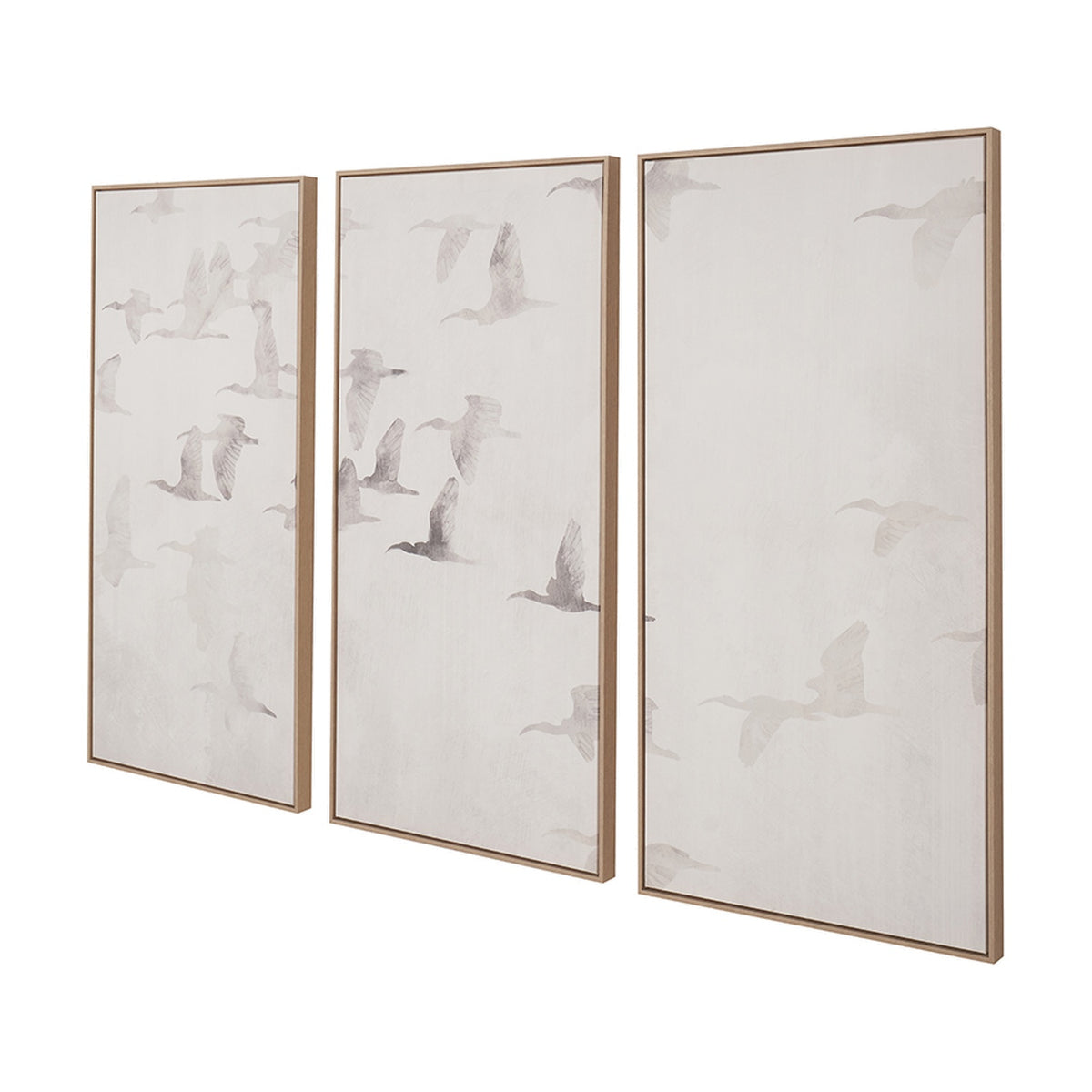 Set of 3 natural wood-framed canvas wall art panels with monochrome flying bird designs on a white background, shown at an angle.