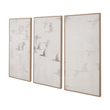 Set of 3 natural wood-framed canvas wall art panels with monochrome flying bird designs on a white background, shown at an angle.