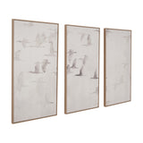 Set of three natural wood-framed canvas wall art panels featuring monochrome flying birds in grey and white tones, shown at an angle on a plain white background.