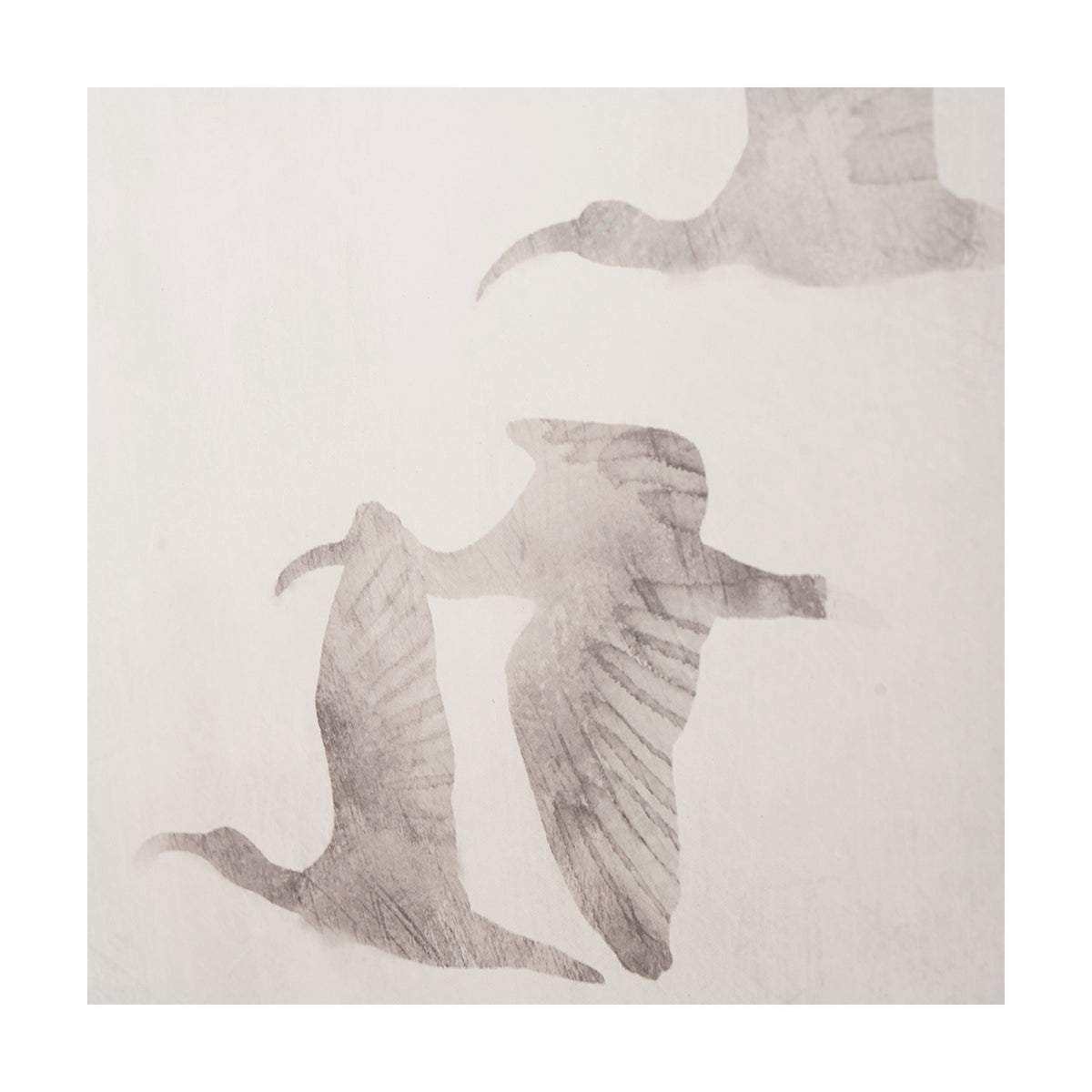 Canvas wall art panel with muted grey silhouettes of birds in flight against a natural off-white background, from a set of 3 framed bird canvases.