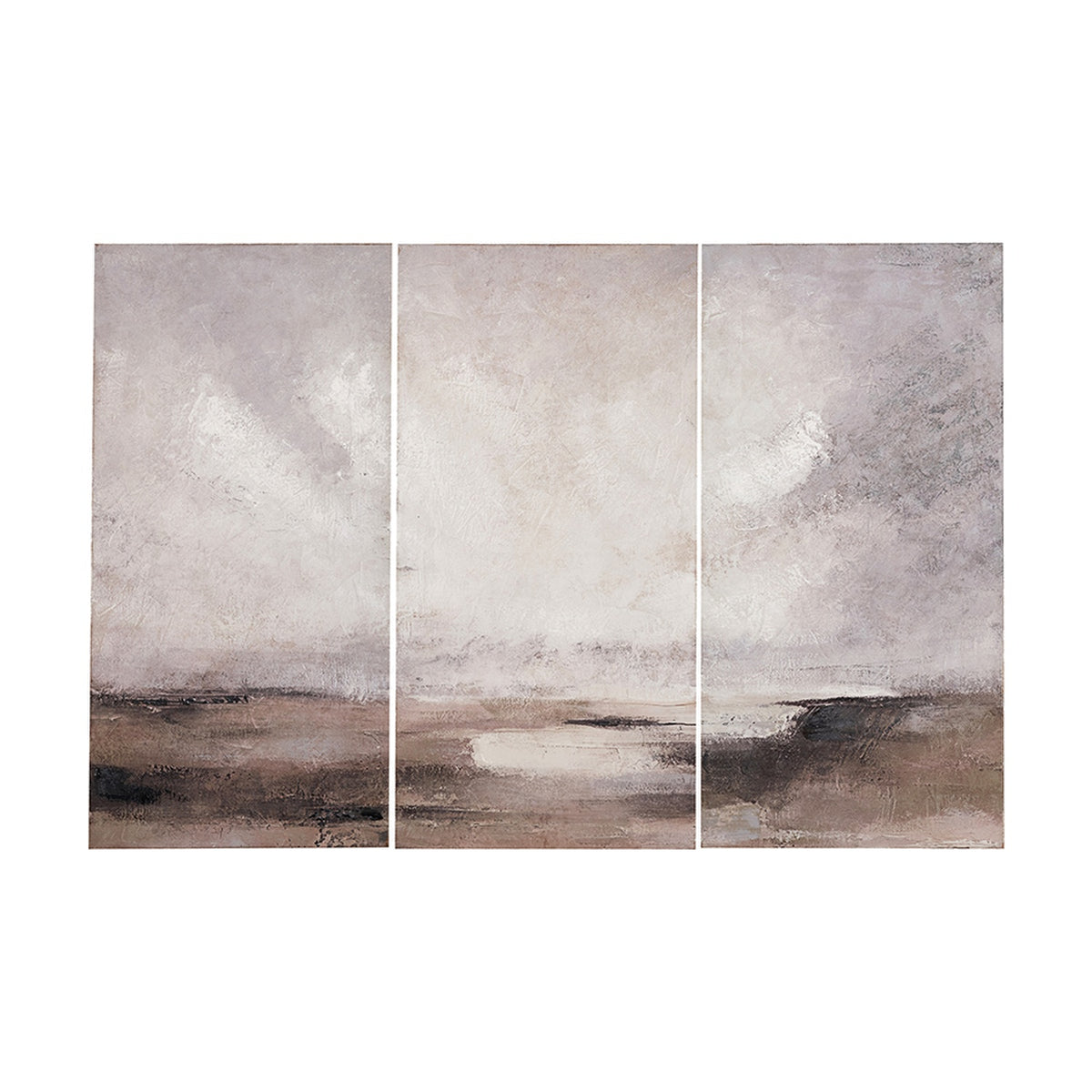 Set of 3 canvas wall art panels featuring an abstract landscape in grey, taupe and neutral tones, with a soft sky blending into a textured horizon, on a plain white background.
