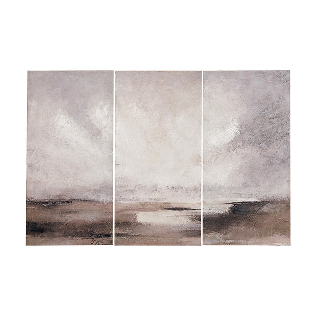 Set of 3 canvas wall art panels featuring an abstract landscape in grey, taupe and neutral tones, with a soft sky blending into a textured horizon, on a plain white background.