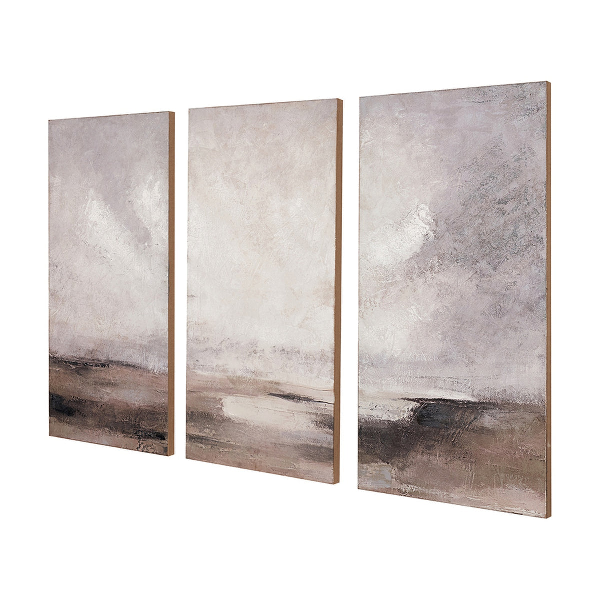 Set of 3 canvas wall art panels with abstract landscape design in grey, white and taupe tones, wood-edged canvases shown at an angle on a plain white background.