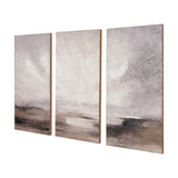 Set of 3 canvas wall art panels with abstract landscape design in grey, white and taupe tones, wood-edged canvases shown at an angle on a plain white background.