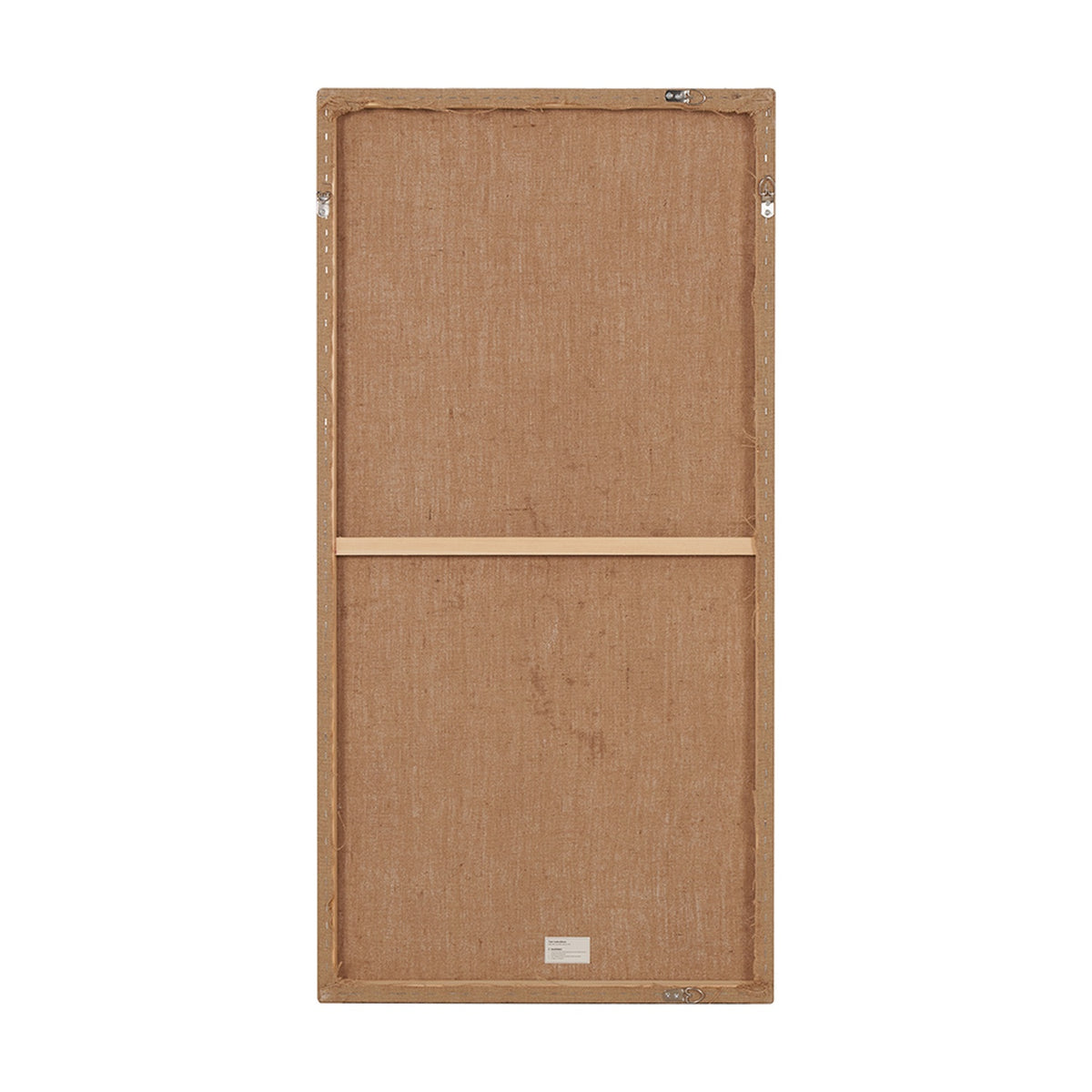 Reverse side of a canvas wall art piece, showing wooden stretcher frame, natural jute backing, and mounting hardware, from the Set of 3 Grey & Neutrals Abstract Landscape Canvases.
