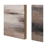 Close-up side view of grey and neutral abstract landscape canvas wall art panels, showing textured painted surface and jute canvas edge, on a plain white background.
