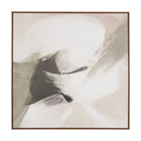 Monochrome abstract square canvas wall art, 100 x 100cm, with soft grey and beige brushstroke design in an oak effect wood frame.