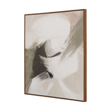 Monochrome abstract square canvas wall art, 100 x 100cm, in an oak effect frame, with soft grey, taupe and white brushstroke tones, shown at an angle on a plain white background.