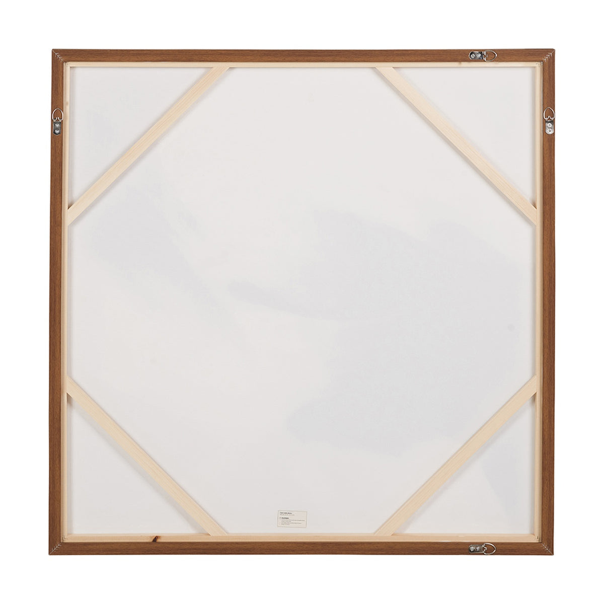 Reverse view of the Monochrome Abstract Square Canvas, 100 x 100cm, showing an oak effect wood frame with pine cross-bracing, hanging hooks, and a fabric-backed canvas.