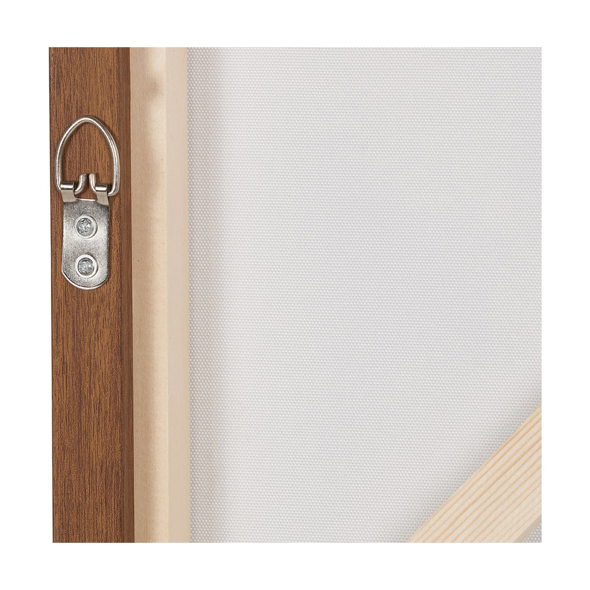Close-up of the canvas wall art's rear frame corner, showing an oak-toned wood edge with a metal D-ring hanging bracket, pale pine inner frame, and white canvas backing.