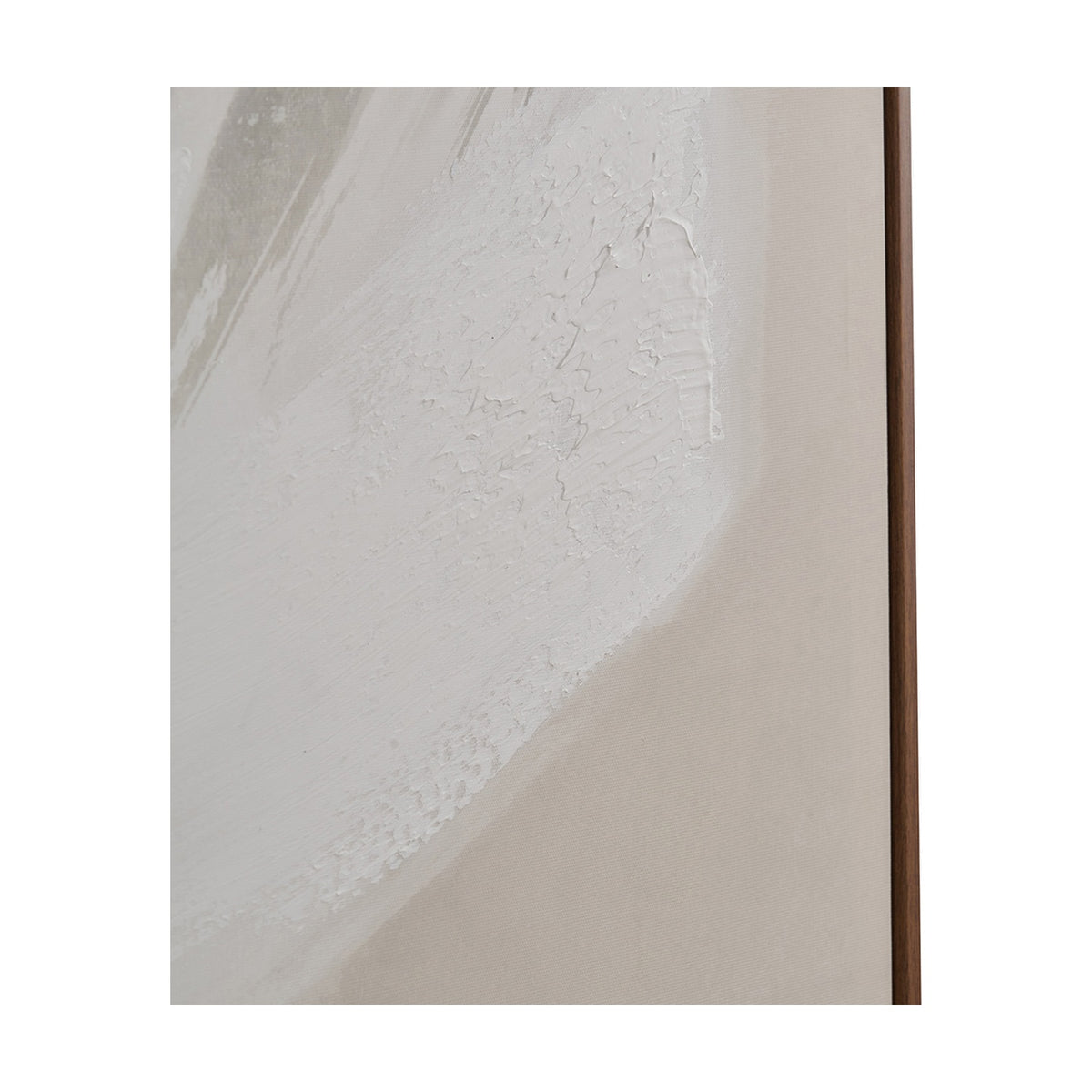 Close-up of the Monochrome Abstract Square Canvas showing textured white and grey brushstrokes with a slim oak effect frame edge visible at the right.