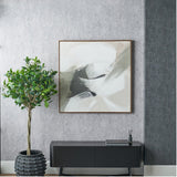 Monochrome Abstract Square Canvas with oak effect frame, 100 x 100cm, hung on a grey textured wall above a black sideboard beside a potted tree.