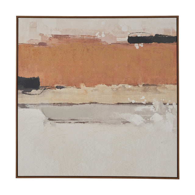 Abstract square canvas wall art with oak effect frame, featuring horizontal bands of terracotta, black, beige and white.