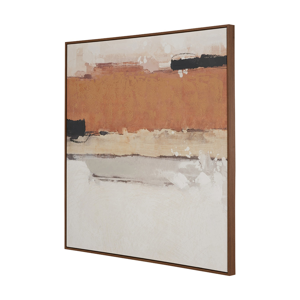 Abstract square canvas wall art in an oak effect frame, with horizontal bands of white, terracotta, black and grey, shown at an angle on a plain white background.