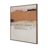 Abstract square canvas wall art in an oak effect frame, with horizontal bands of white, terracotta, black and grey, shown at an angle on a plain white background.