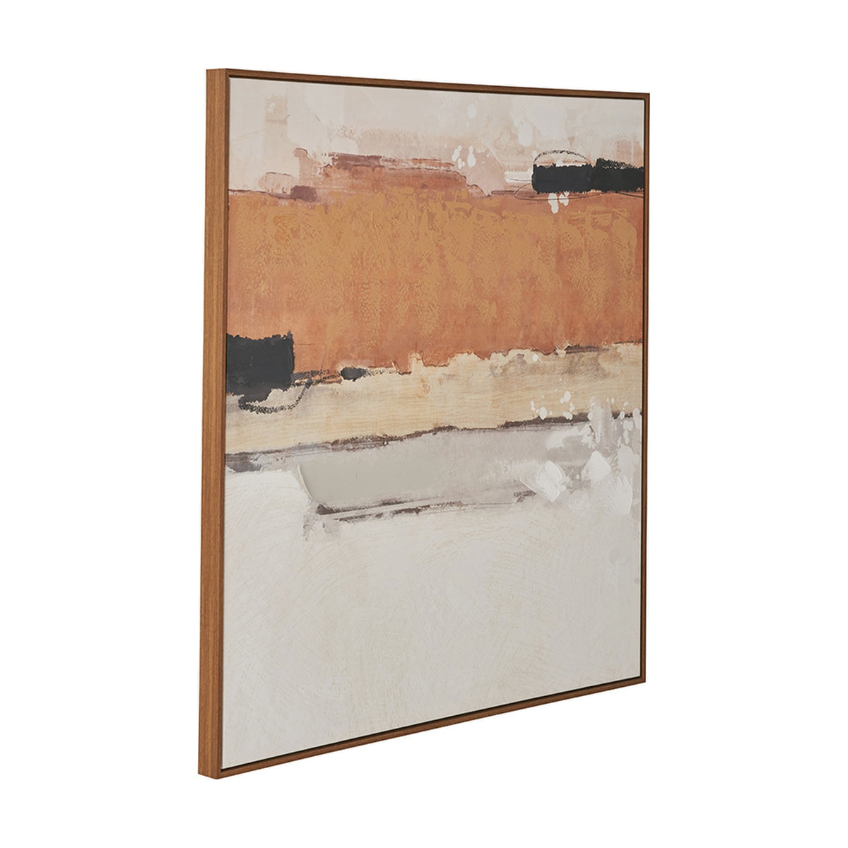 Abstract square canvas wall art in white, terracotta and black tones with an oak effect frame, shown at an angle against a plain white background.