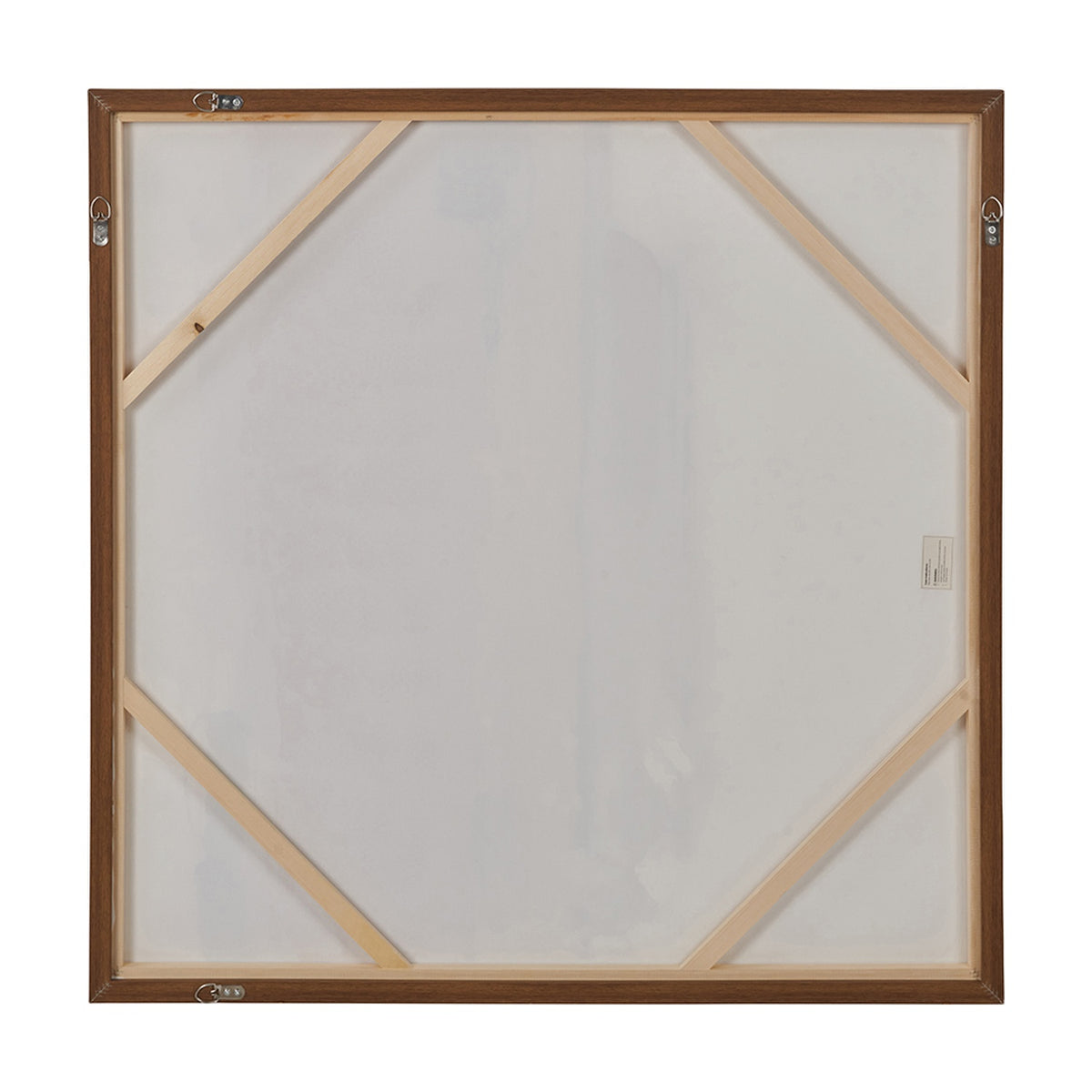 Reverse view of the White & Terracotta Abstract Square Canvas showing an oak effect wooden frame with cross-braced stretcher bars and hanging hooks.