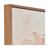 Close-up corner view of a white and terracotta abstract square canvas in an oak effect wood frame, shown against a plain white background.