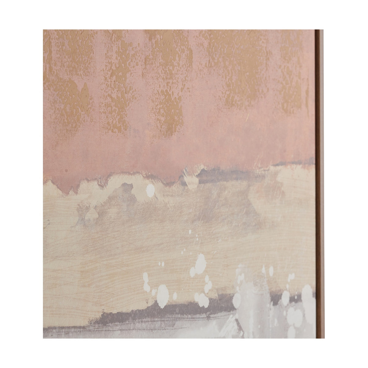 Close-up of White & Terracotta Abstract Square Canvas with an oak effect frame edge, showing textured pink-terracotta, cream, and grey brushwork with paint splatter detail.