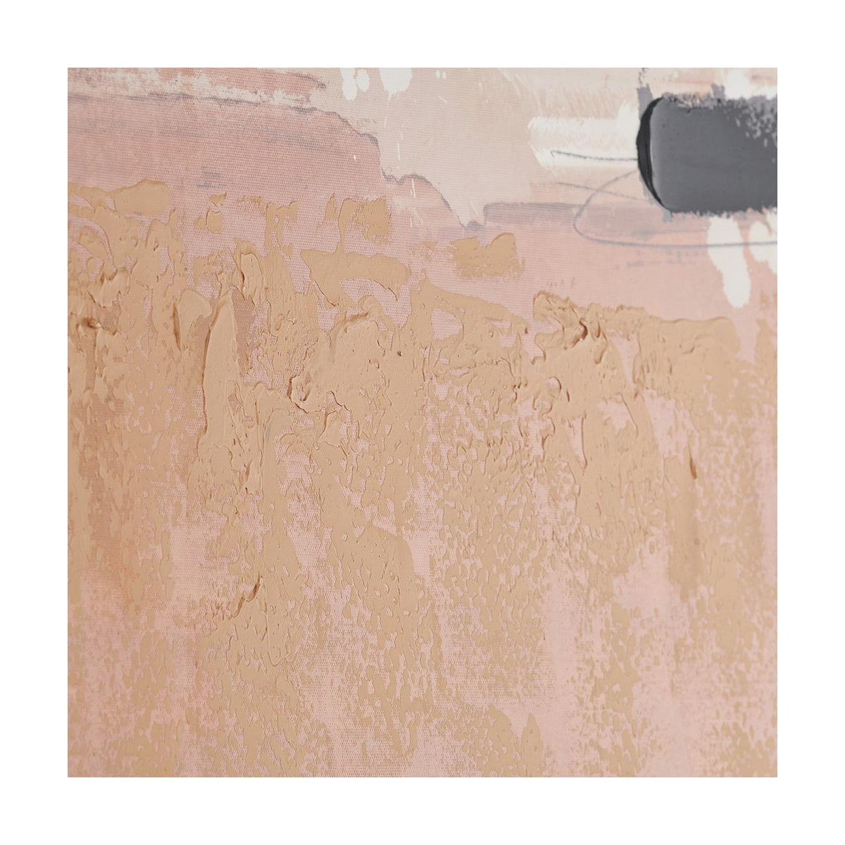 Close-up of White & Terracotta Abstract Square Canvas showing textured terracotta brushstrokes beneath soft pink, grey and white abstract layers.