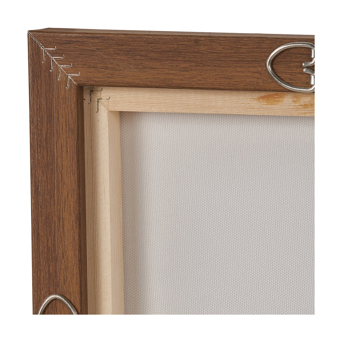 Close-up of a canvas wall art corner showing an oak-effect wood frame, wooden stretcher bar, hanging bracket, and taut canvas back on a plain white background.