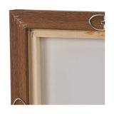 Close-up of a canvas wall art corner showing an oak-effect wood frame, wooden stretcher bar, hanging bracket, and taut canvas back on a plain white background.