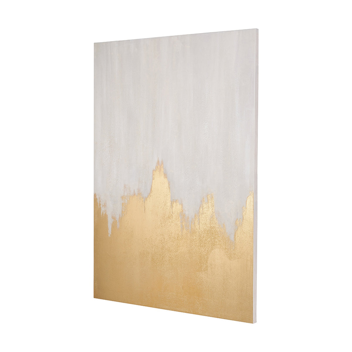 Frameless canvas wall art, 100 x 140cm, side angled view showing white textured upper section fading into a gold abstract mountain-like lower half, plain white background.