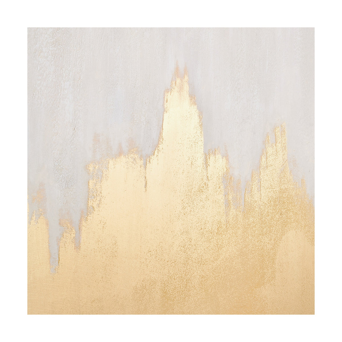 Frameless canvas wall art, 100 x 140cm, with a textured white background and abstract gold brushstroke peaks rising from the base, on a plain light background.