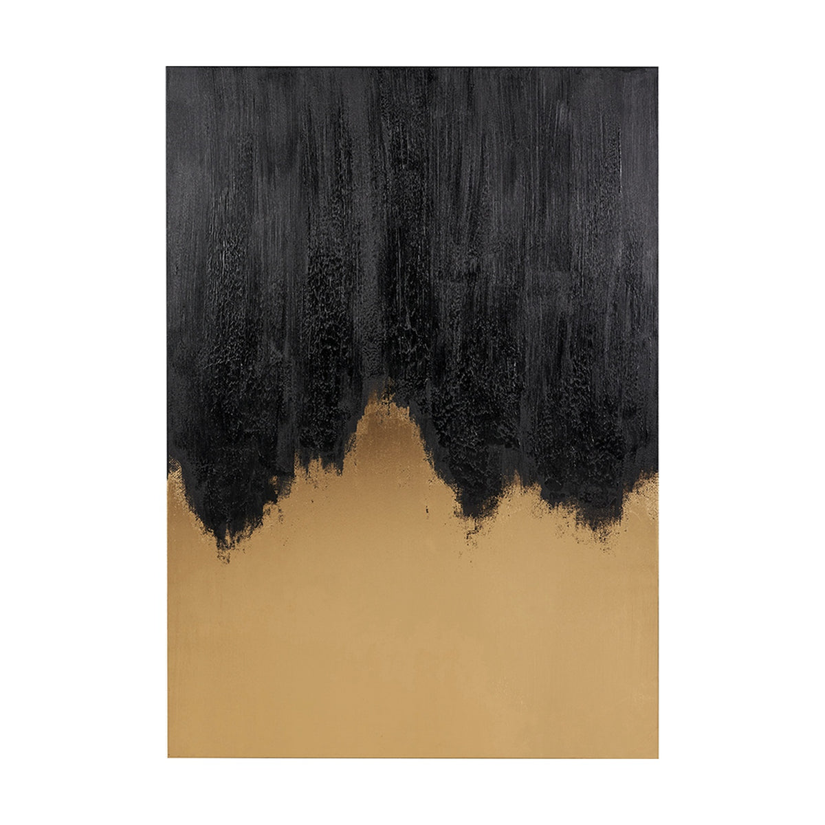 Frameless canvas wall art, 100 x 140cm, with textured black brushstrokes fading into a gold base, shown against a plain white background.