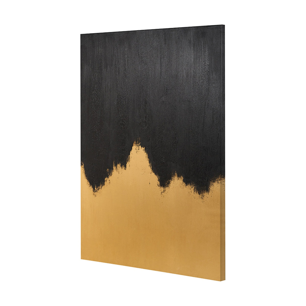 Frameless canvas wall art, 100 x 140cm, with textured black upper section fading into a jagged gold lower section, shown at an angle against a plain white background.