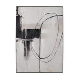 Monochrome abstract canvas wall art in a black frame, featuring overlapping curved outlines over muted grey and black geometric forms, 100 x 140cm.
