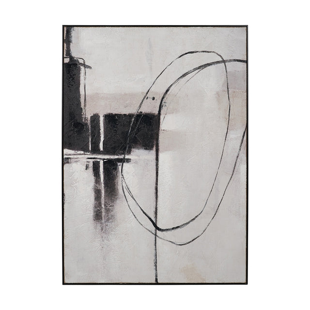 Monochrome abstract canvas wall art in a black frame, featuring overlapping curved outlines over muted grey and black geometric forms, 100 x 140cm.