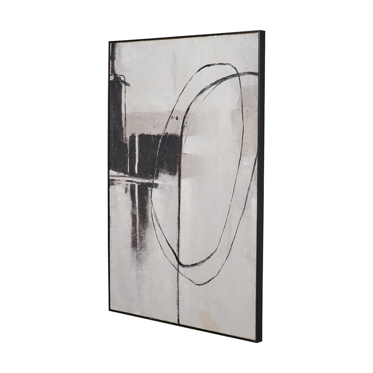 Monochrome Abstract Canvas with Black Frame, 100 x 140cm, shown at an angle with overlapping oval line motifs in black and grey tones on a light background, set against a plain white backdrop.