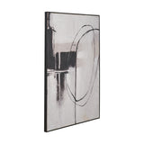 Monochrome Abstract Canvas with Black Frame, 100 x 140cm, shown at an angle on a plain white background, featuring grey and black tones with sweeping circular linework and a black frame edge.