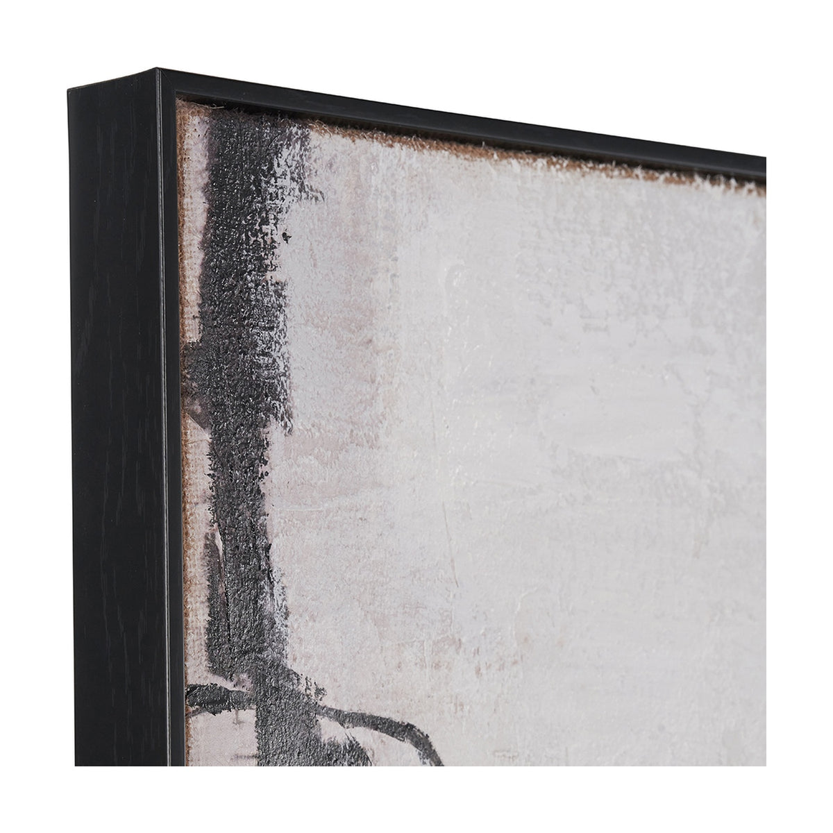 Close-up corner view of the Monochrome Abstract Canvas with Black Frame, 100 x 140cm, showing textured grey and white brushwork against a black wooden edge frame.