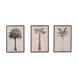 Set of 3 framed canvas wall art prints on natural fabric, each depicting a black palm tree illustration in varying shapes, with black frames on a plain white background.